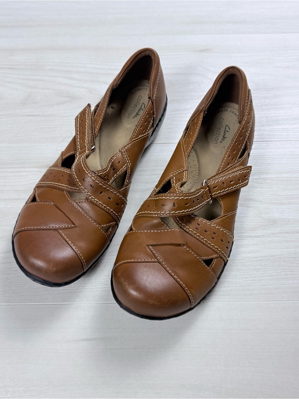 Clarks Cognac Leather Slip-On Mary Jane Flats
